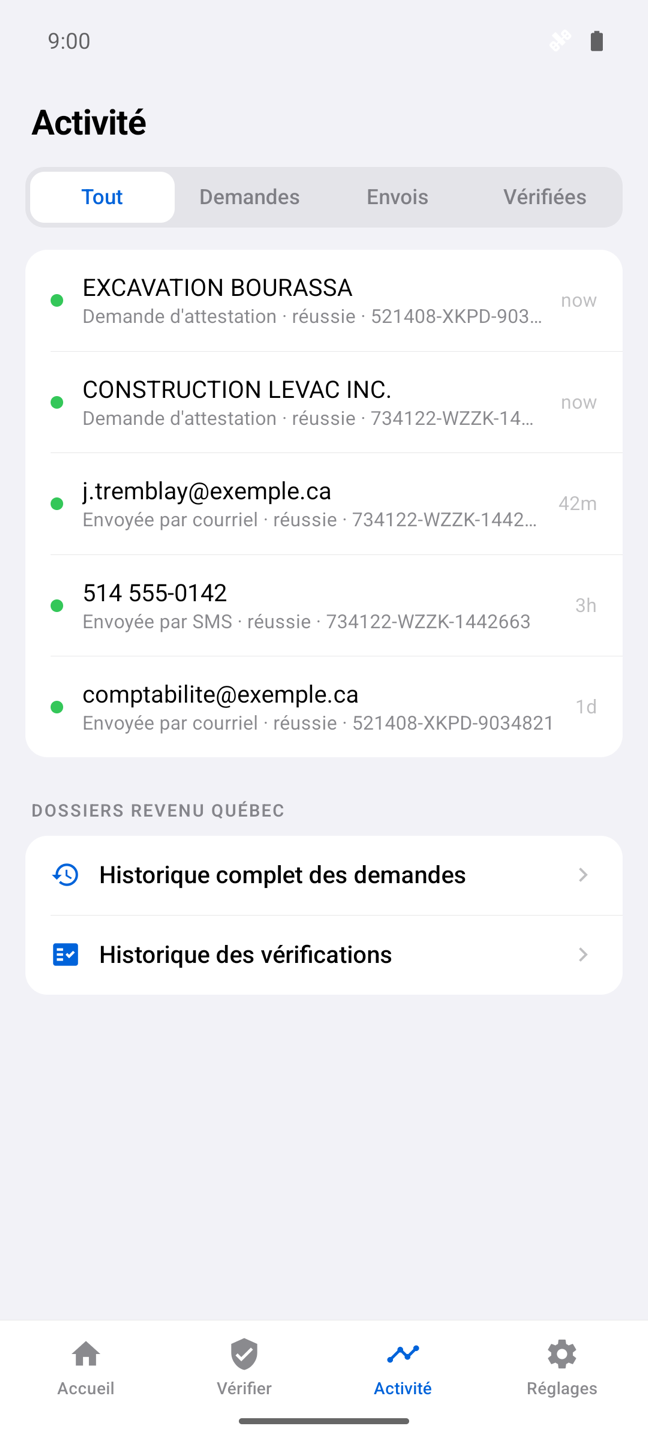Fil d'activité : demandes, envois et vérifications