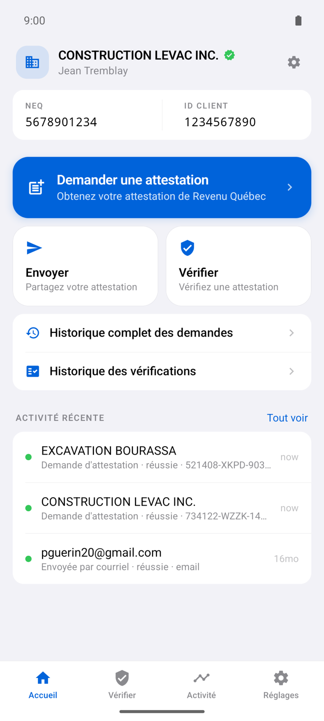 Écran d'accueil de l'application : demander, envoyer et vérifier une attestation