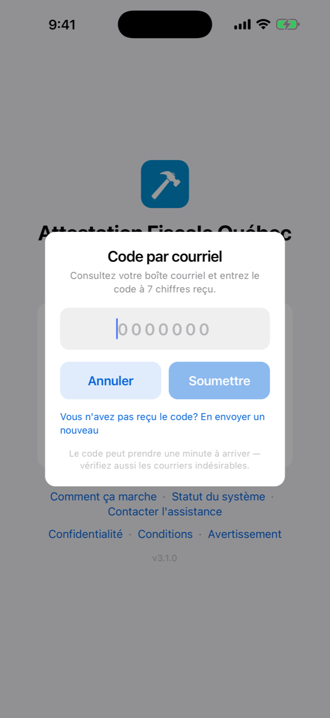 Saisie du code de vérification reçu par courriel