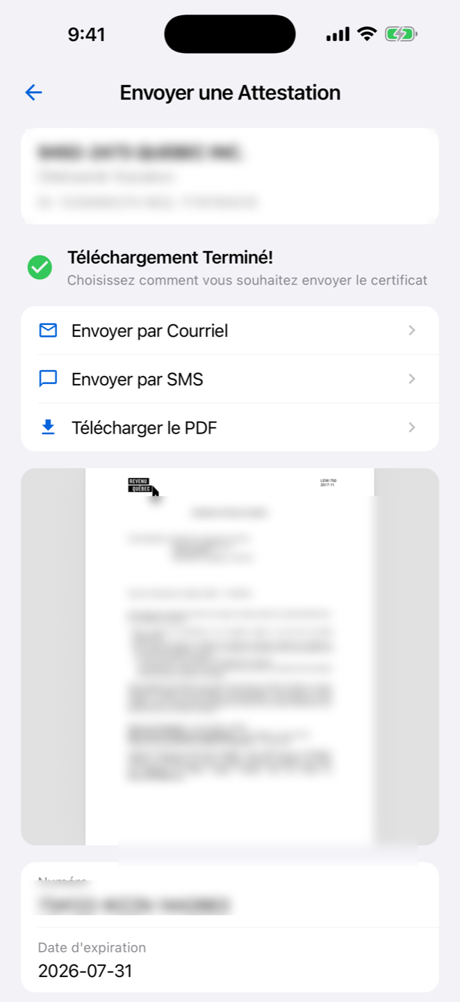 Options d'envoi : courriel, SMS ou téléchargement PDF
