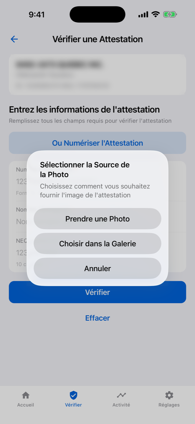 Écran Vérifier une attestation dans l'application